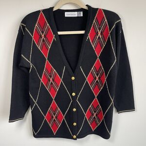 Vintage Robert Scott Women's XL Lambswool‎ Blend Argyle Cardigan Sweater Preppy